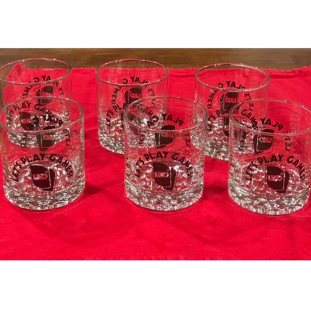 Vintage 1980 UNO "Lets Play Games" Rocks Glasses Set of 6 - WOW!